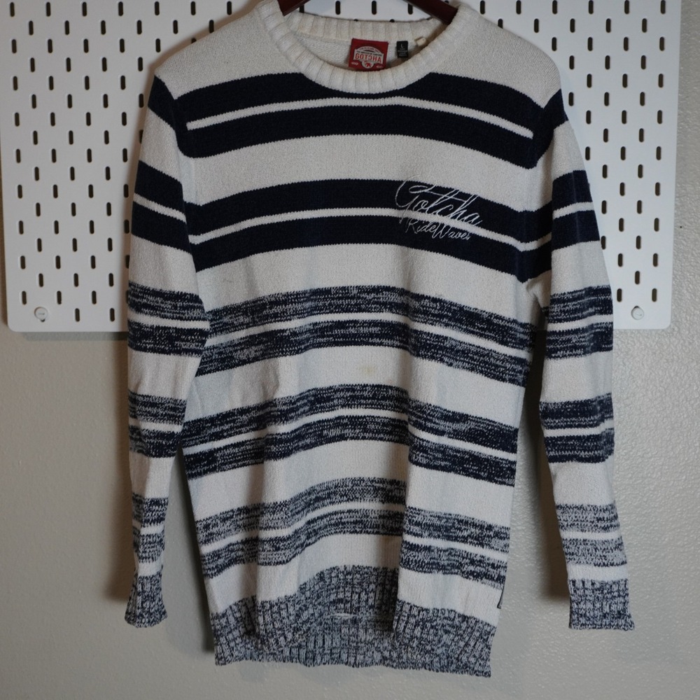 Gotcha Surf Striped Knit Sweater Ride Waves Cream Blue Mens‎ Large READ